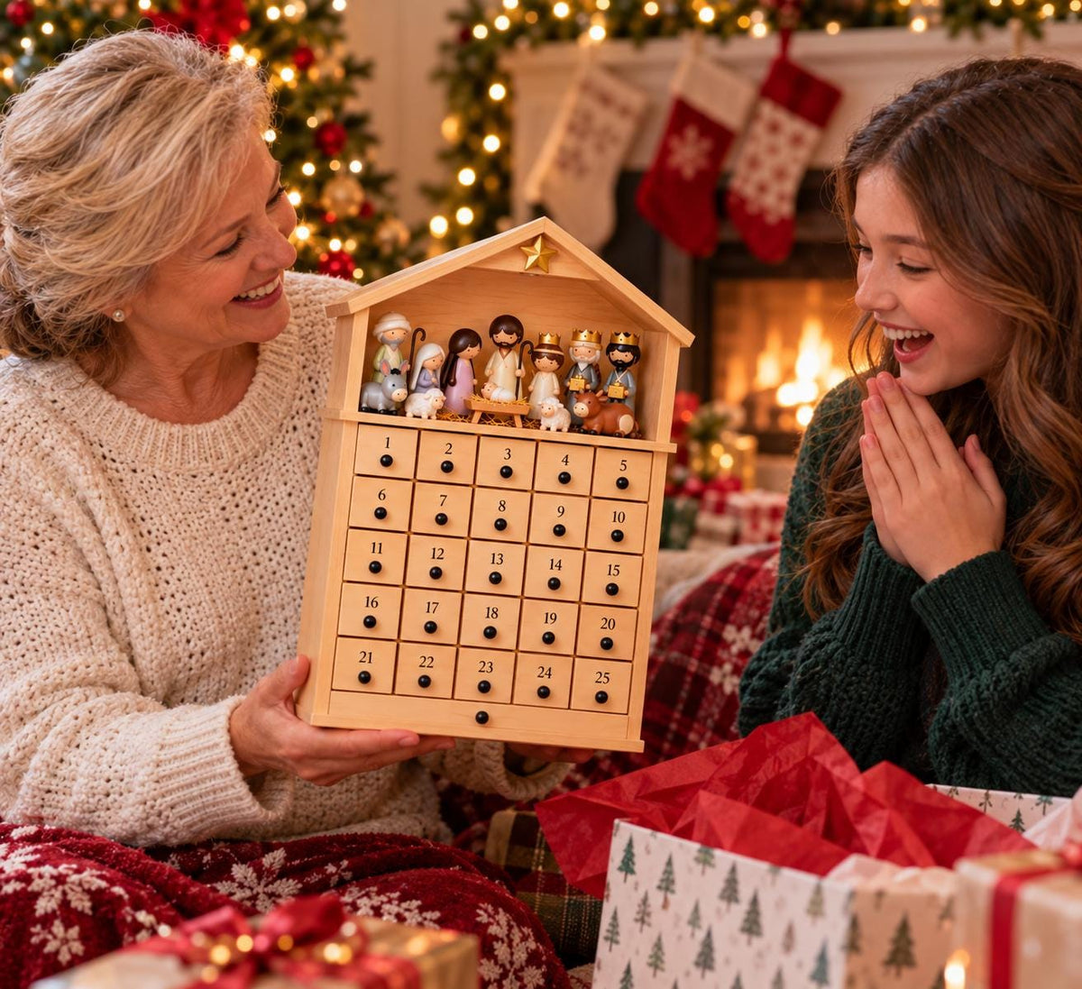 Wooden Nativity Advent Calendar, 25 Day Christmas Countdown with Figurines, Reusable Christian Advent Calendar