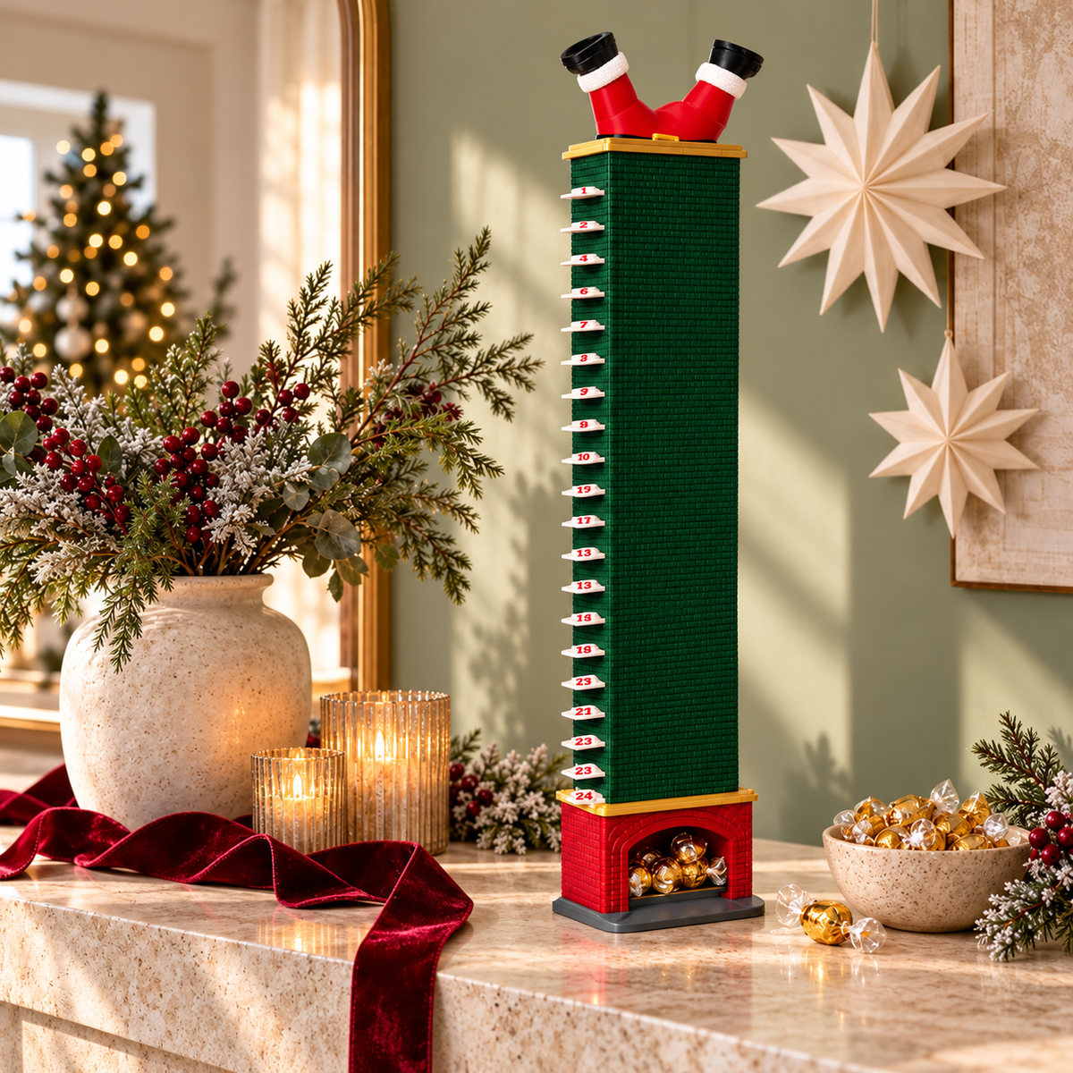 Green chimney drop advent calendar with Santa topper and red fireplace base