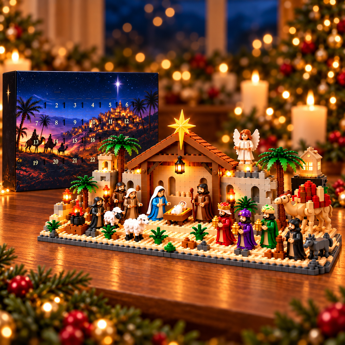 Nativity Advent calendar box with the completed brick-built Christmas scene