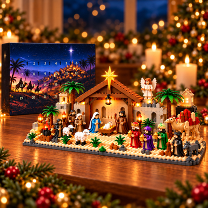 Nativity Advent calendar box with the completed brick-built Christmas scene