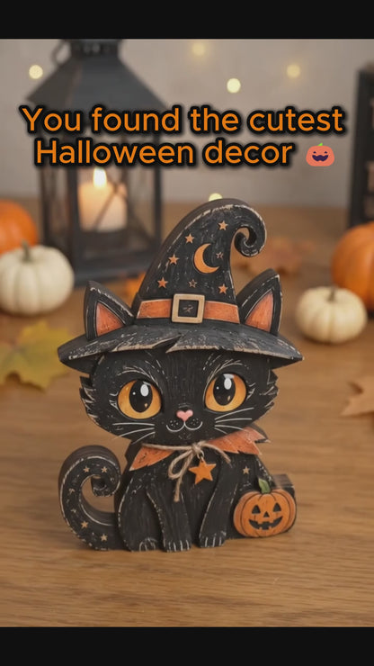 Black Cat Halloween Wooden Block