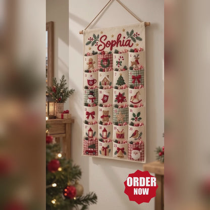 Personalized Christmas Advent Calendar – 24 Fillable Fabric Pockets