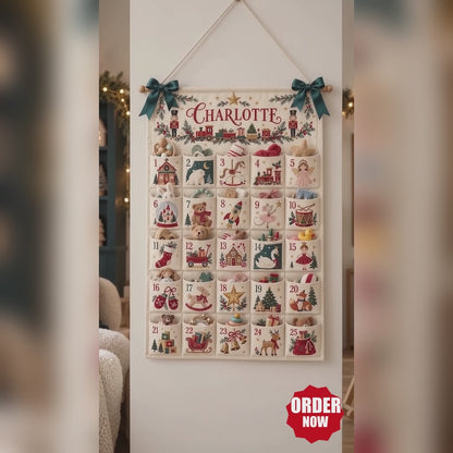 Custom Name Fabric Advent Calendar – 24-Pocket Christmas Wall Decor