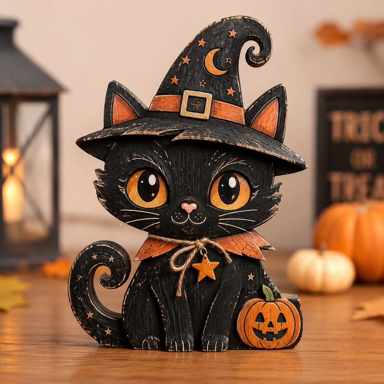 Black Cat Wooden Block, 3 Layer Halloween Shelf Decor with Free Wooden Star Necklace, Rustic Fall Decor