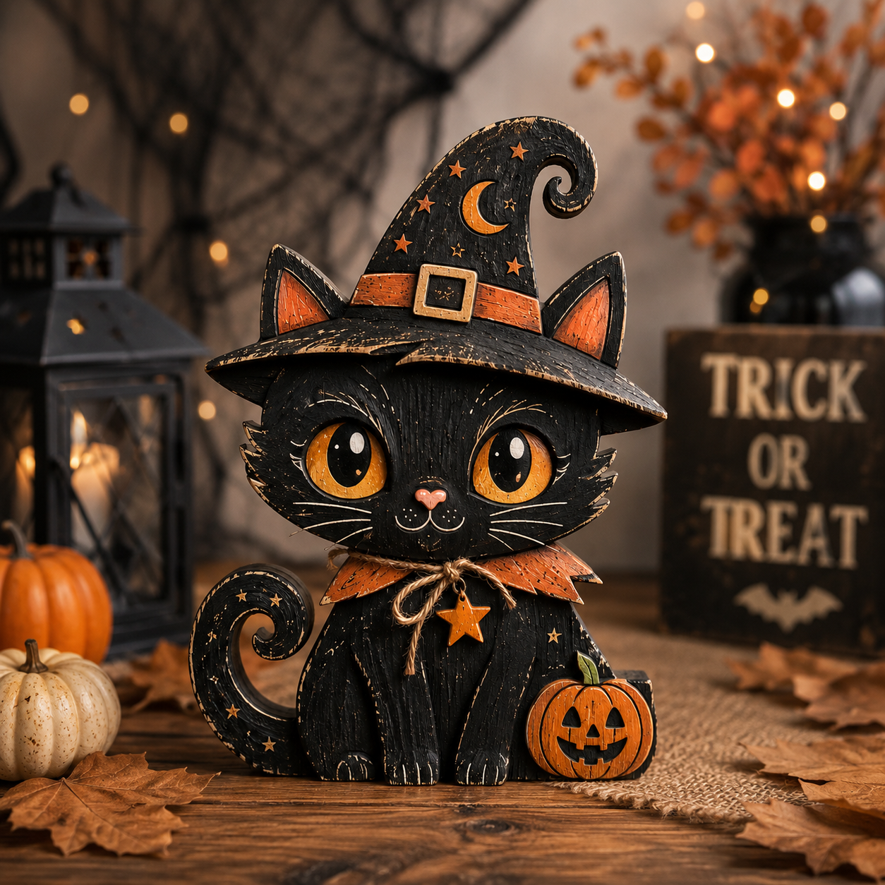 Black Cat Wooden Block, 3 Layer Halloween Shelf Decor with Free Wooden Star Necklace, Rustic Fall Decor
