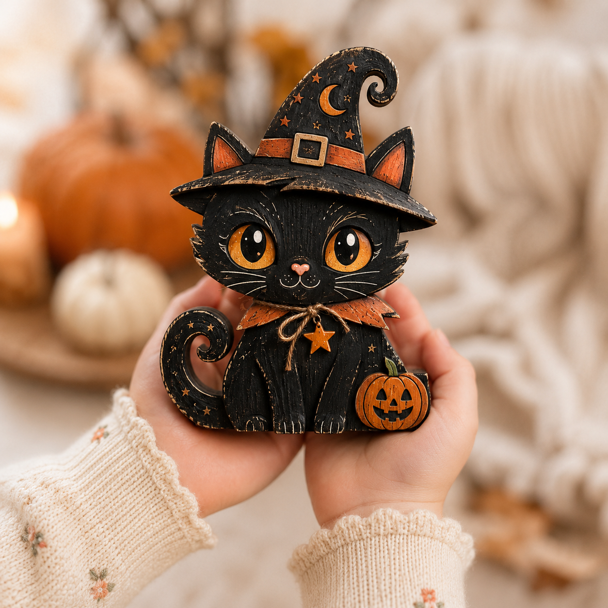 Black Cat Wooden Block, 3 Layer Halloween Shelf Decor with Free Wooden Star Necklace, Rustic Fall Decor